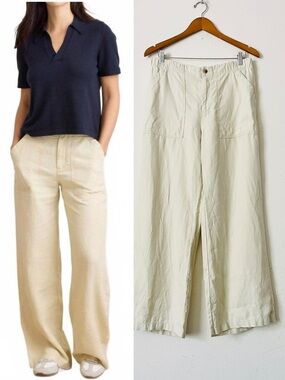 Not Monday MEDIUM Serena 100% linen wide leg pocketed pants in Ecru cream